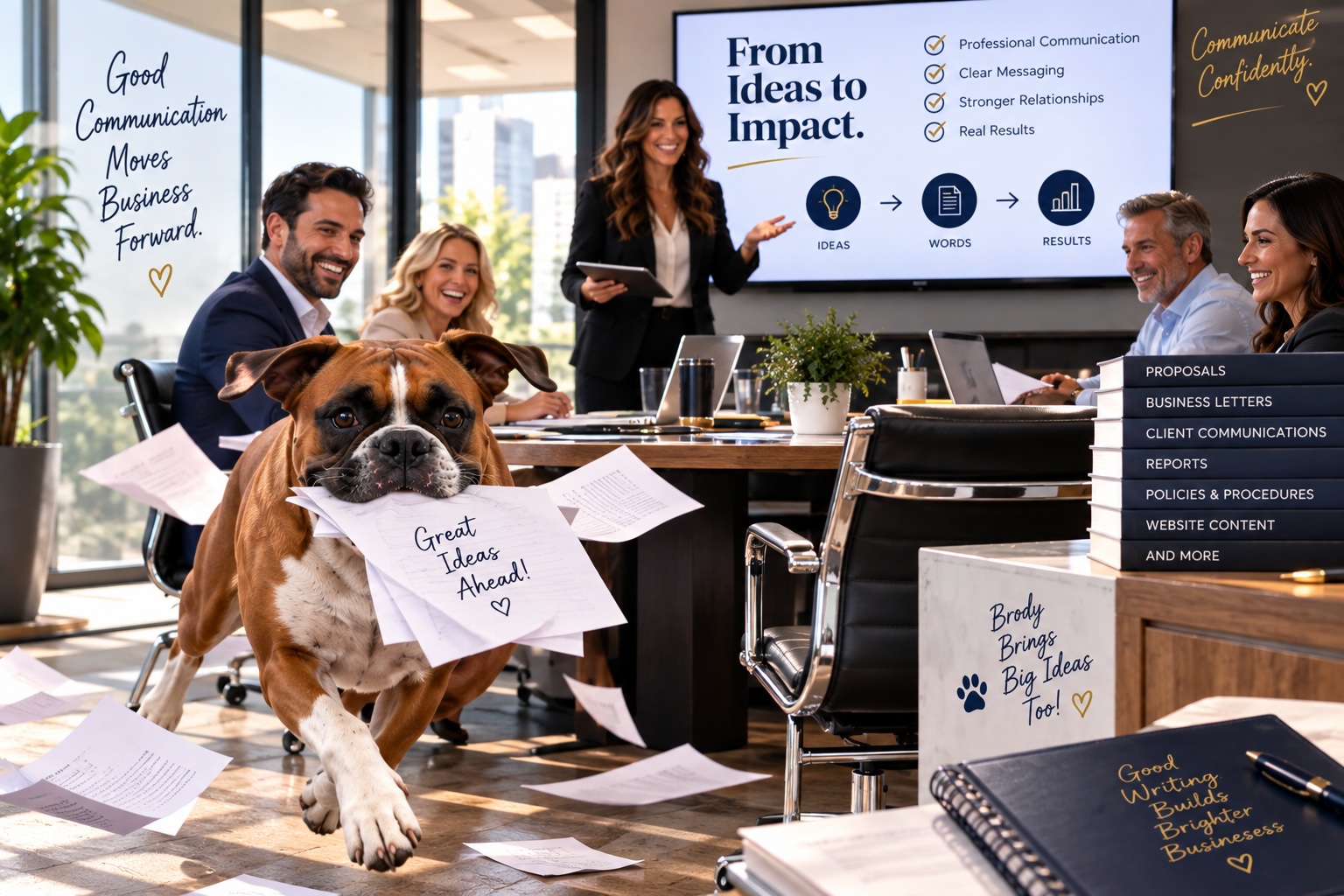 Brody carrying a page of ideas during an illustrated business presentation.