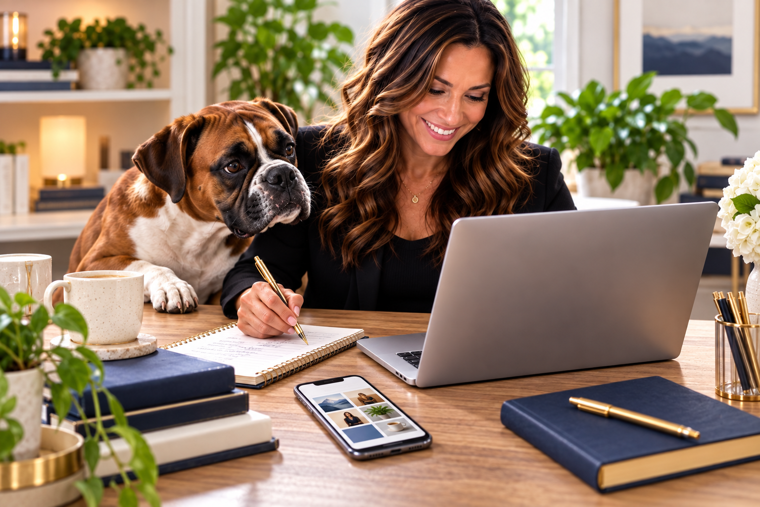 A writer plans digital content at a laptop with Brody beside her.